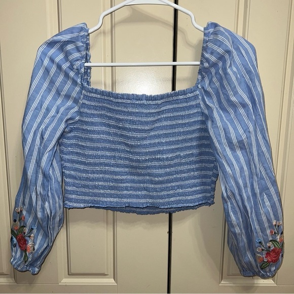 Xhilaration Striped Embroidered Smocked Square Neck Puff Sleeve Crop Top Shirt - Picture 3 of 11